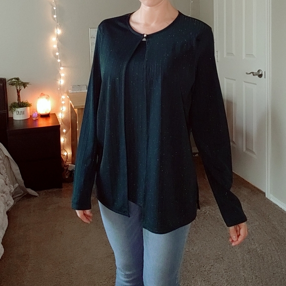 Green sparkle long sleeve layered jacket blouse - Picture 2 of 9
